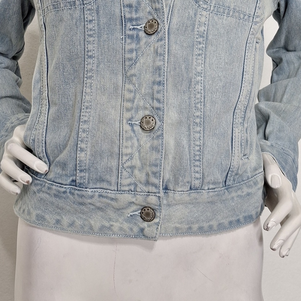 Free People Light Wash Long Sleeve Streetwear Grunge Fitted Denim Jacket Size M - Picture 4 of 14